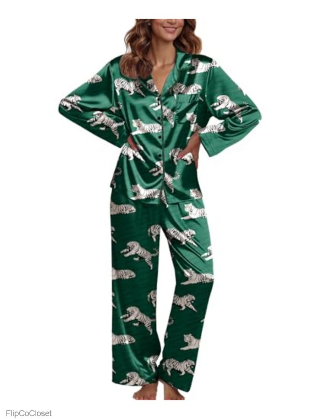 Silk Pajama Set Women Long Sleeve Button Down Lounge Set 2 Piece Sleepwear